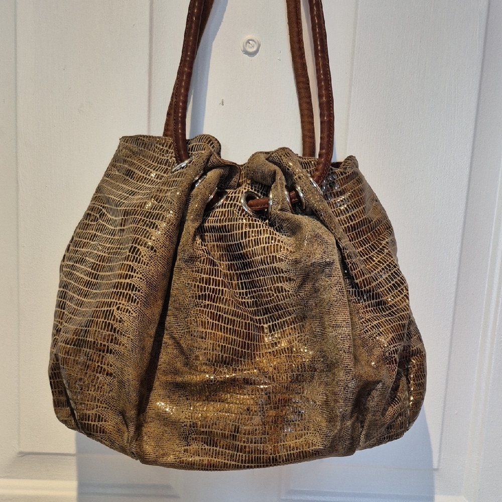 Chez Elegant Brown Leather Textured Drawstring Women's Bag